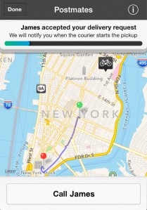 Users can keep up with their Postmate and also have the ability to text or call the courier. (Screenshot) 