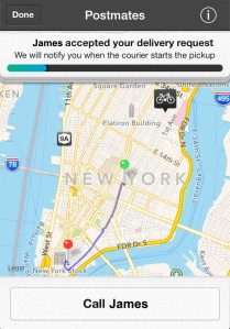 Users can keep up with their Postmate and also have the ability to text or call the courier. (Screenshot)