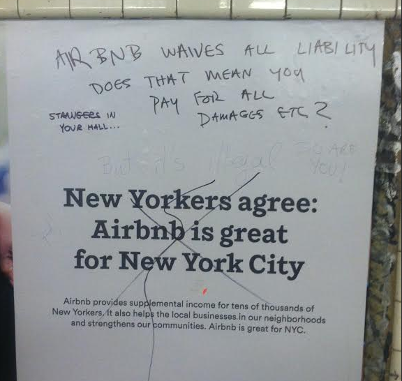 Grafitti: "Airbnb waives all liability — does that mean you pay for all damages, etc?" "But it's illegal," "Strangers in your hall..."