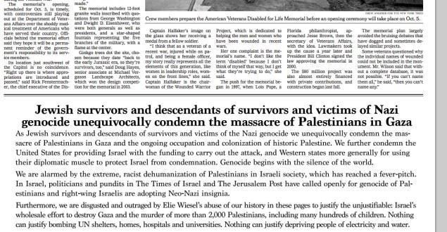 The ad as it appeared in the New York Times, sponsored by the International Jewish Anti-Zionist Network.