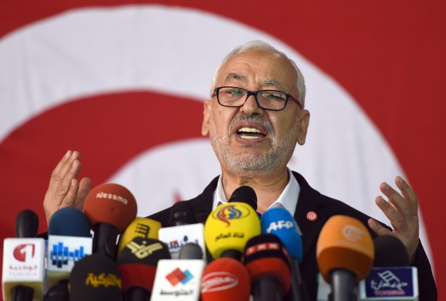 Rachid al-Ghannouchi, veteran leader of the Islamist Ennhada party, a client of Burson-Marsteller (Photo by FETHI BELAID/AFP/Getty Images)