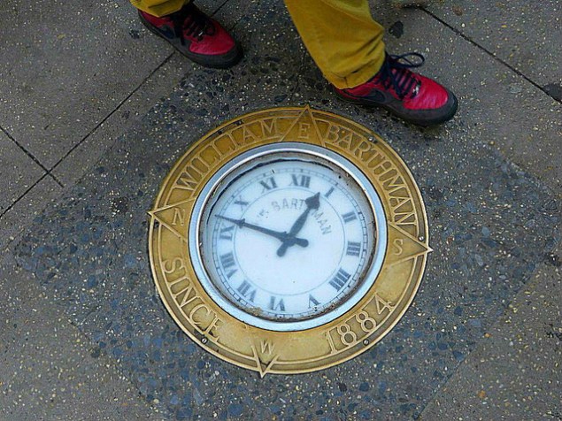 The sidewalk clock outside of William Barthman Jewelers. (John Wisniewski/Flickr)