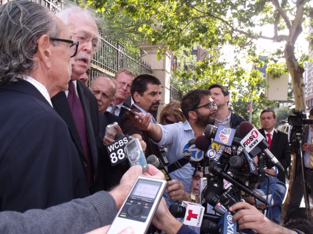 Lawyer Sanford Rubenstein and Dr. Michael Baden speak to a crowd of reporters about Eric Garner's death. (Photo: Jillian Jorgensen)