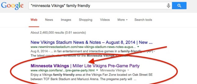 It's unusual to select a beer company as sponsor for "family-friendly" promotions; it looks as though the Vikings employee who typed "Vikigns" was hitting the Miller Lite pretty hard while writing this copy. (Google screencap)