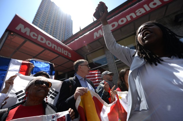 Fast-food workers protest in New York City in May. (EMMANUEL DUNAND/AFP/Getty Images)