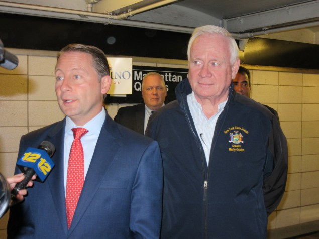 Rob Astorino campaigns in the 77th Street R station with Martin Golden (Photo: Will Bredderman).