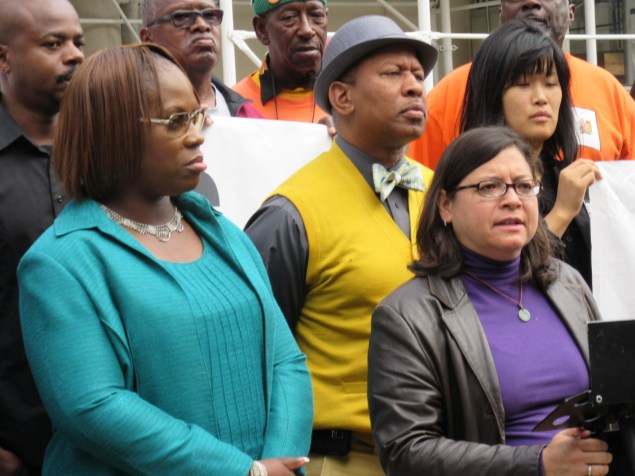 Vanessa Gibson, left, Andy King and Rosie Mendez of the Black, Latino and Asian Caucus were among the Council members at the rally (Photo: Will Bredderman).