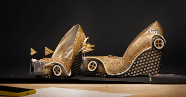 The shoes are 3D printed, laser cut and just about as adorably nerdy as you'd expect. (Photo via Georgia Tech)