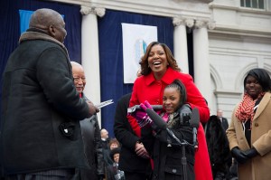 Ms. James at her inauguration with his Dasani. (Photo: NYC Mayor's Office)