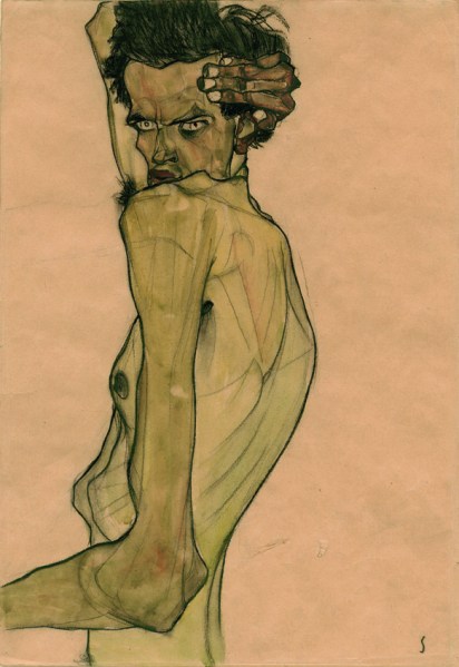 Egon Schiele, "Self-Portrait with Arm Twisted above Head," 1910. (Courtesy Neue Galerie)
