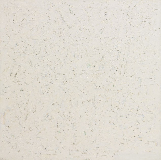 Robert Ryman, Untitled, signed and dated 61; signed four times and dated 61 three times on the overturned left edge, oil on canvas, 48 3/4  x 48 3/4  inches, Est. $15/20 million. (Photo courtesy Sotheby's) 