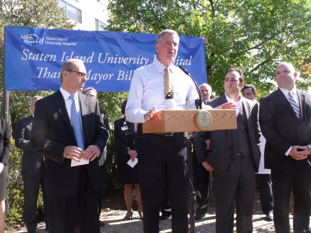 Mayor Bill de Blasio at a Staten Island press conference today.