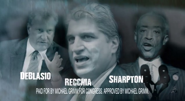 A still from the add depicts Domenic Recchia as part of a trinity with Rev. Al Sharpton (Screengrab: Michael Grimm for Congress).