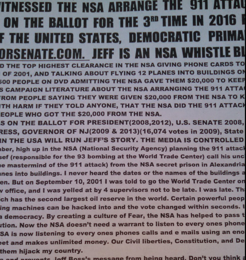 Boss gave PolitickerNJ one of his iconic "NSA did 9/11" flyers, pictured here.