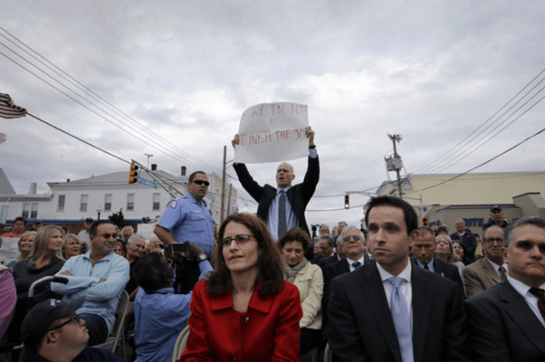 Keady protesting Governor Christie's handling of Hurricane Sandy recovery in 2014 (Photo: The Star Ledger)