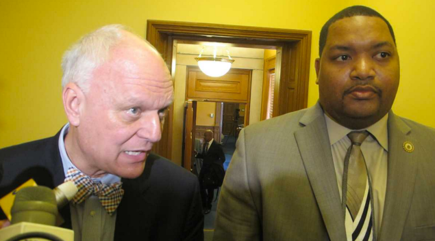 Atlantic City Mayor Don Guardian with City Council president Marty Small. (Photo: Phil Gregory/WHYY)