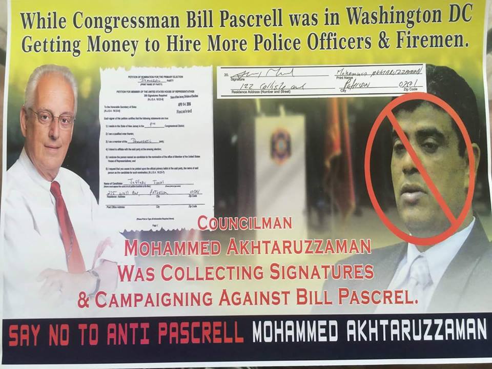 The flyer claims that Mohammed Akhtaruzzaman is "anti Pascrell."