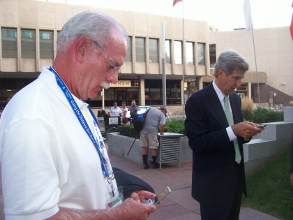 Essex Democratic Political Operative Tom Barrett, left, and future Secretary of State John Kerry in the streets of downtown Denver. 