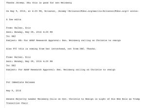 This screencap reveals DNC staffers planning to put a statement ostensibly written by Loretta Weinberg on her letterhead, presumably to conceal that it had been crafted by the DNC.