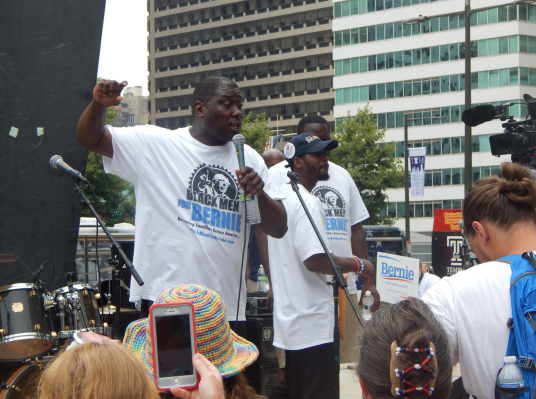 The organization Black Men for Bernie held a protest by Love Park on the day of Clinton's acceptance speech