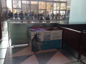 A New York Cares coat donation box (photo courtesy of Related Companies).
