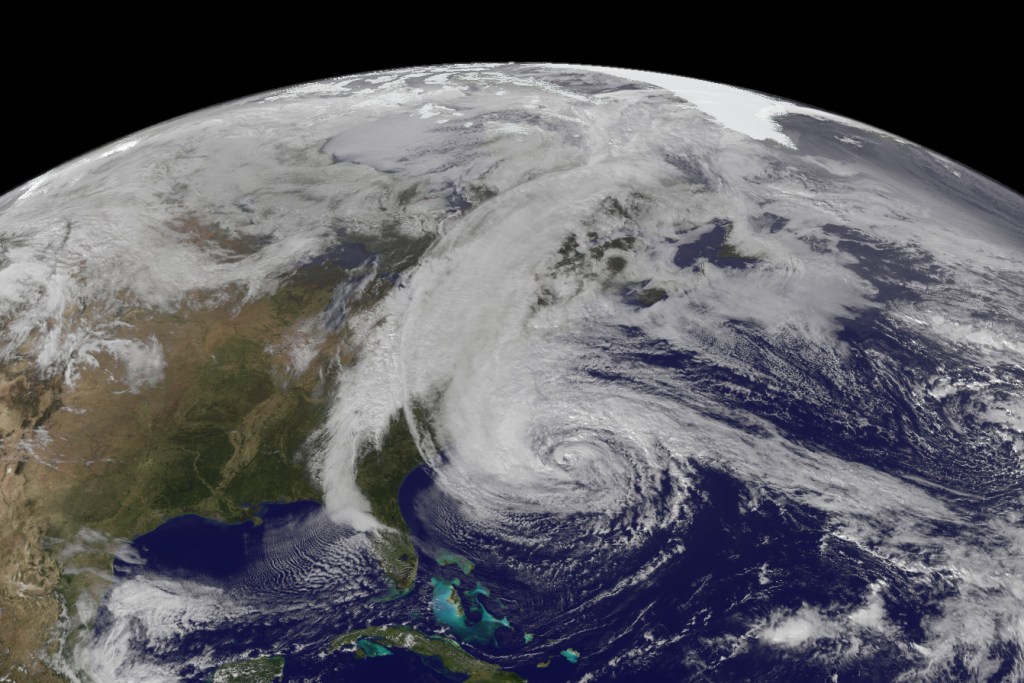 Sandy barrels toward the northeast (Credit: NASA)  