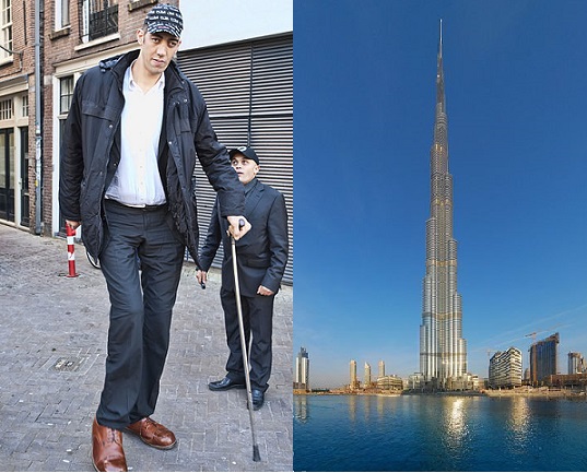 The world's tallest man, Sultan Kösen/The world's tallest building, the Burj Khalifa in Dubai