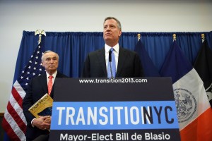 Bill de Blasio and Bill Bratton at Mr. Bratton's appointment as police commissioner. (Photo: Spencer Platt/Getty)