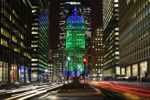 230 Park Avenue in lit in Seattle Seahawks colors for the Super Bowl