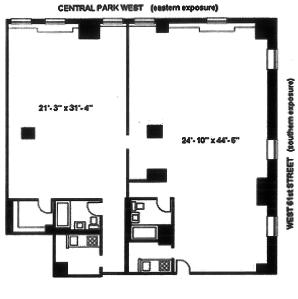The floor plan of G102 at 15 Central Park West.