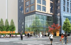 Rendering of the Pace University dorm and public space at 33 Beekman Street