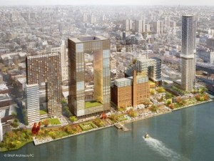 A rendering of the proposed Domino Sugar development. (Credit: SHoP Architects