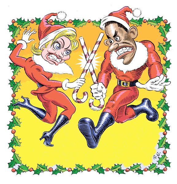 Hillary Clinton and Barack Obama dueling in santa Outfits.