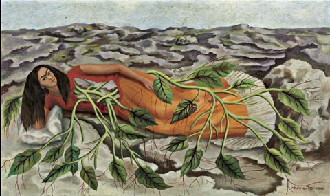 Frida Kahlo, in a 1943 self-portrait, Roots.