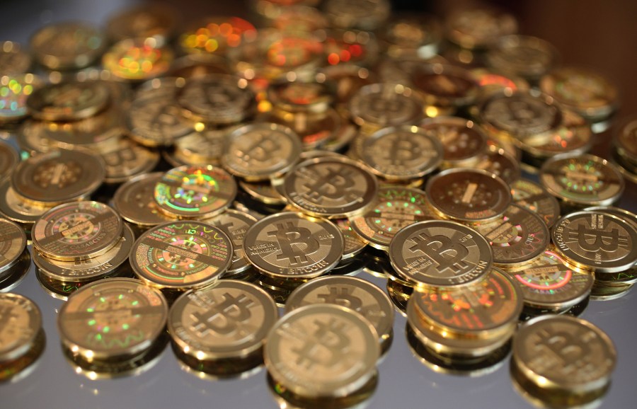 Physical novelty bitcoins from Utah. (Photo: George Frey/Getty Images)