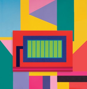 Peter Halley's' 'Go On' atop Alessandro Mendini's 2013 'Wall Paper Milano.' (Courtesy Mary Boone Gallery)