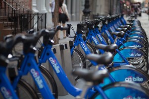 A West Village bike shop owner claims that lines of Citi Bikes like this one have forced his business to close (Photo: Amanda Cohen)