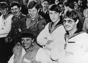 German artist Joseph Beuys (1921 - 1986) among servicemen at the German ministry of defence, where he gave a lecture on his work, 1980. (Courtesy Getty Images)
