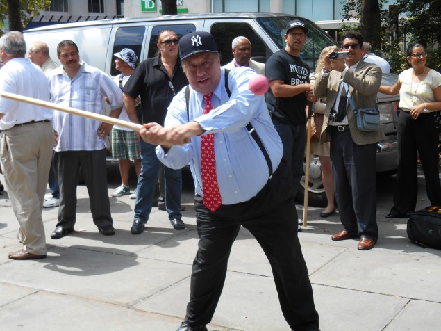 John Catsimatidis playing stickball during the 2013 mayoral race. (Photo: Ross Barkan)