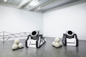Installation view with 'Pair of Namur Mortars,' 2013. (Photo by Benoit Pailley/New Museum)