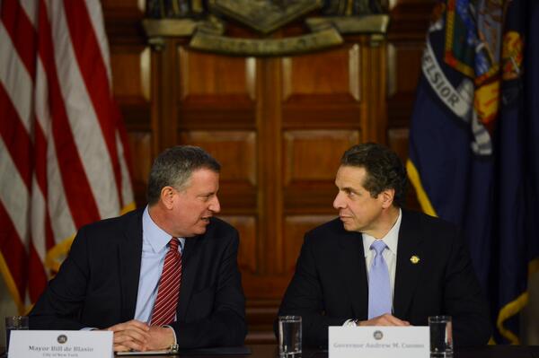 Andrew Cuomo and Bill de Blasio at a joint press conference in Albany. (Photo: Twitter/NYC Mayor's Office)