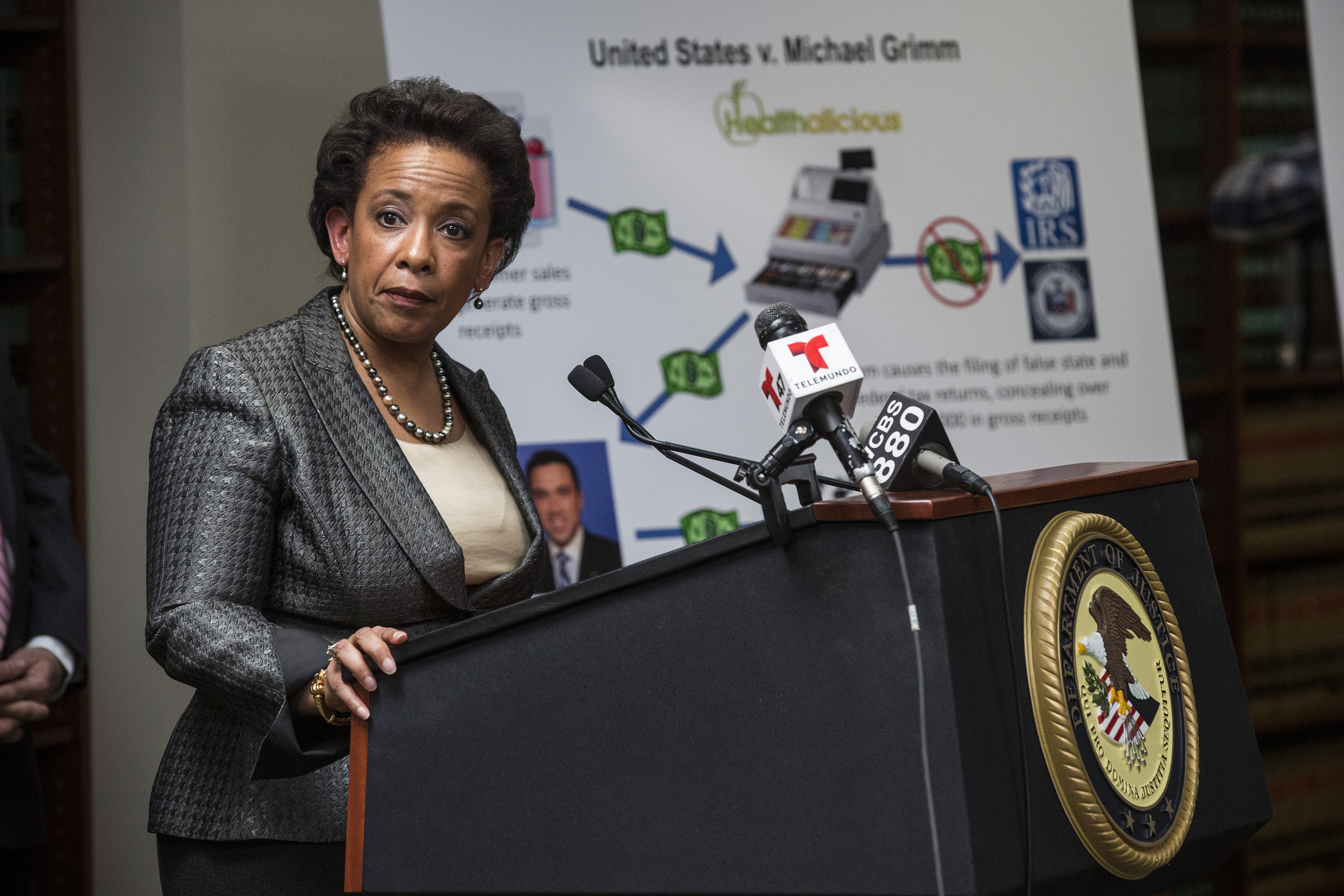 Loretta Lynch, the United States Attorney for the Eastern District of New York, speaking at a press conference. (Photo: Andrew Burton/Getty Images)
