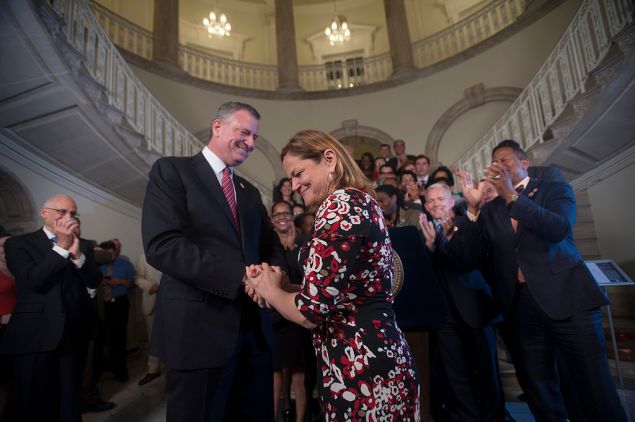 Mayor Bill de Blasio and Council Speaker Melissa Mark-Viverito share a moment after announcing a budget deal.