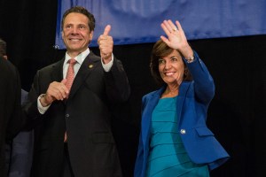 Gov. Andrew Cuomo and his running mate, Kathy Hochul (Photo by Andrew Burton/Getty Images)