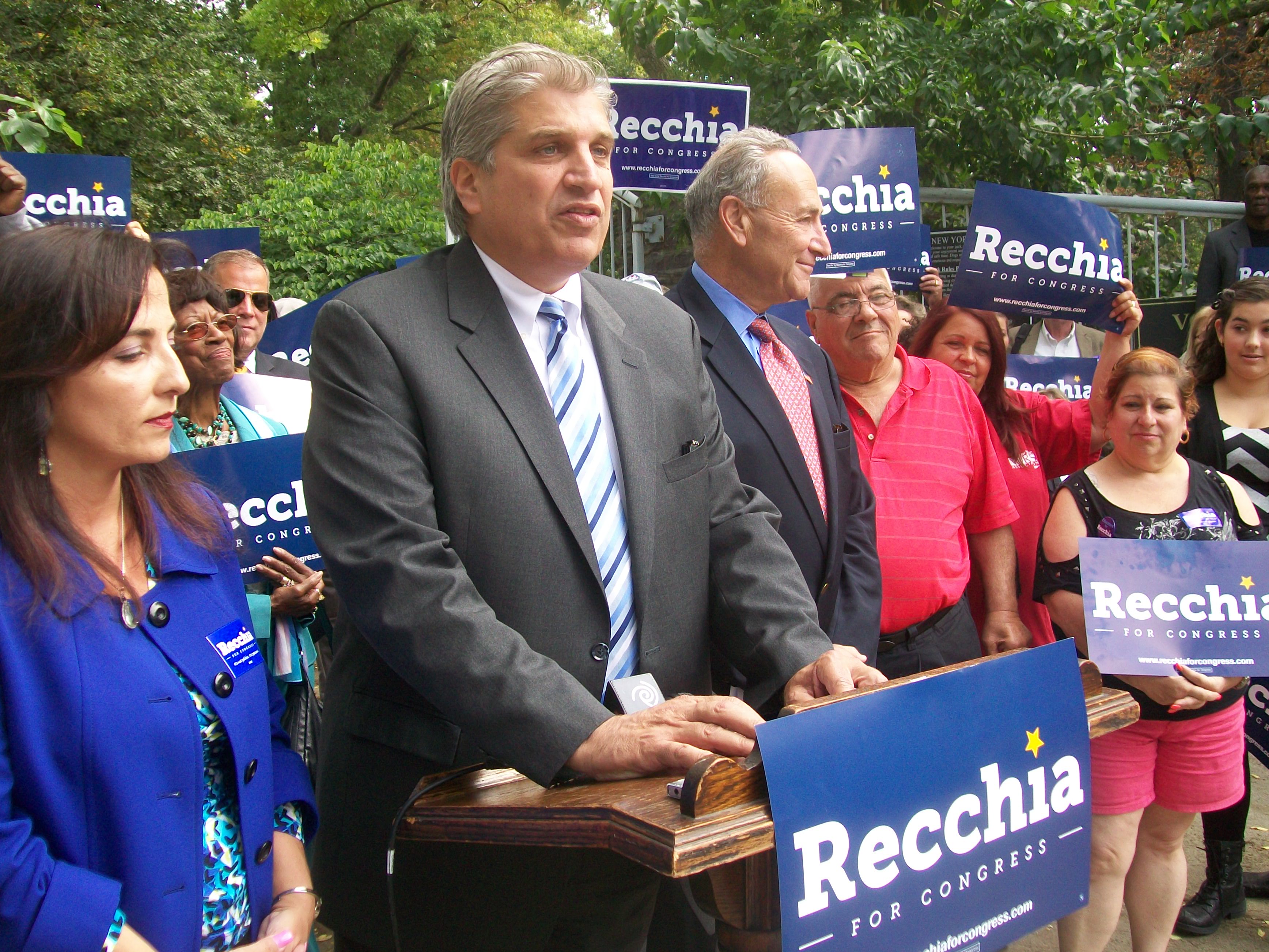 Domenic Recchia at an endorsement event with Senator Charles Schumer in September. (Photo: Ross Barkan)