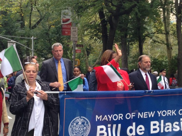 Mayor Bill de Blasio marching in the Columbus Day Parade today. (Photo: Jillian Jorgensen)