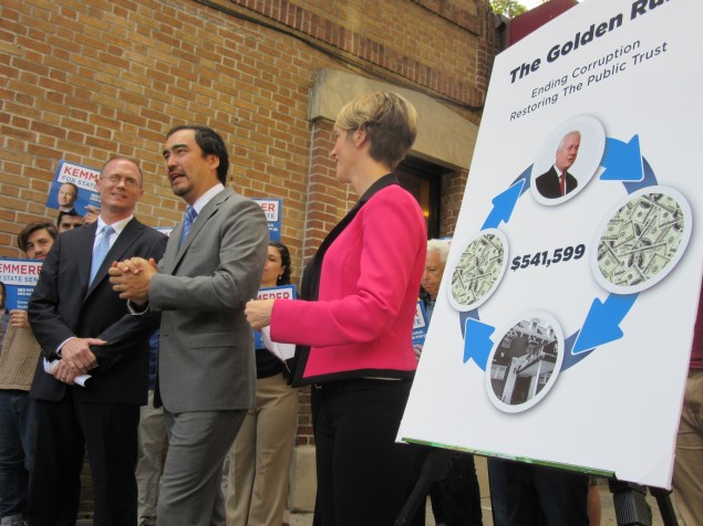 Zephyr Teachout and Tim Wu speak in support of Jamie Kemmerer, left (Photo:Will Bredderman).