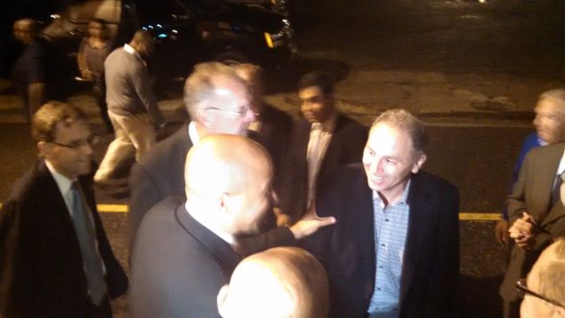 Assemblyman Vince Mazzeo and state Senator Jim Whelan with Cory Booker outside the Second Baptist Church in Atlantic City in 2014.