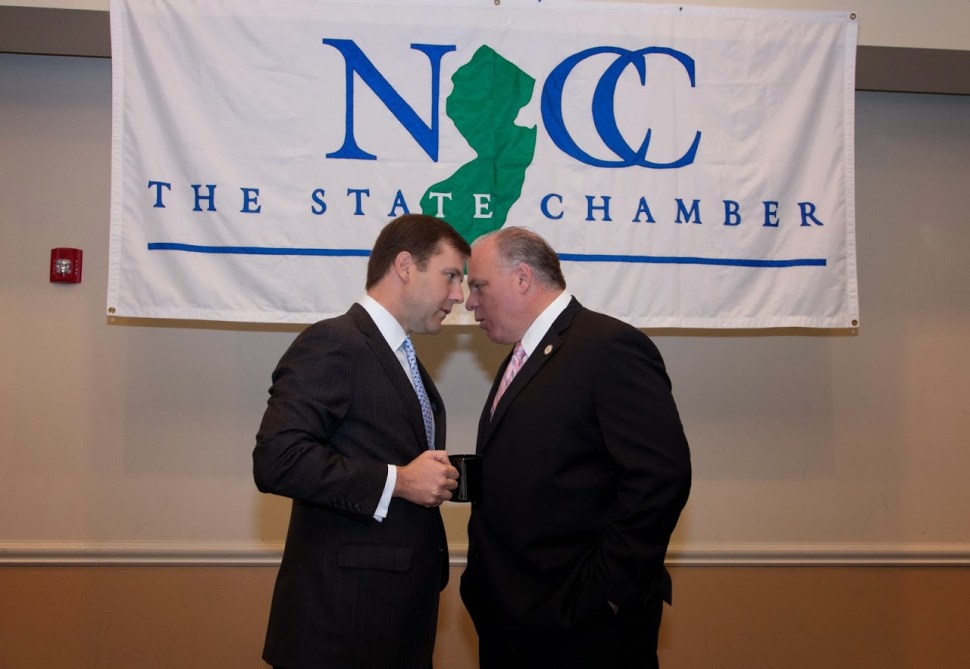 Kean, left, and Senate President Steve Sweeney last year in Monroe, photo courtesy of the New Jersey Chamber of Commerce.