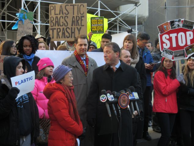 Councilwoman Margaret Chin, left, rallies with Councilman Mark Levine, Councilman Brad Lander, Councilman Corey Johnson and environmental activists. 